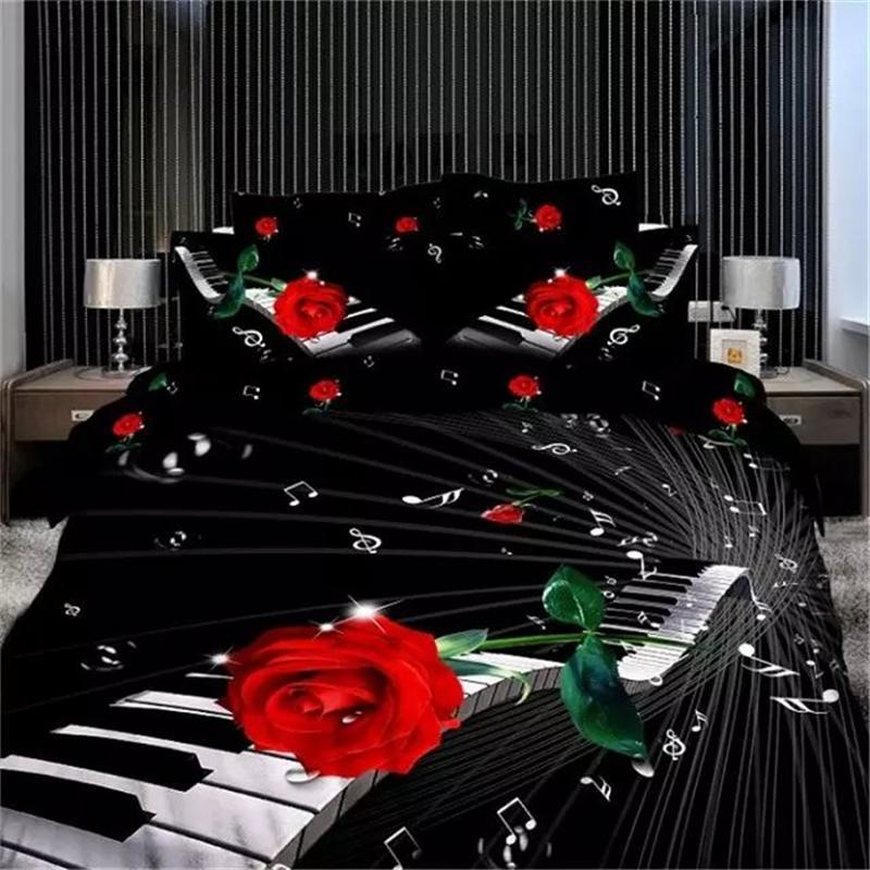 3D   ǾƳ  Ʈ  ħ Ʈ  ŷ  ħ ̺ Ŀ ħ Ʈ ħ Ȩ  /3d Red Rose Piano Musical Notes Black Bedding Set Queen King Size  Bedroom Sets Du